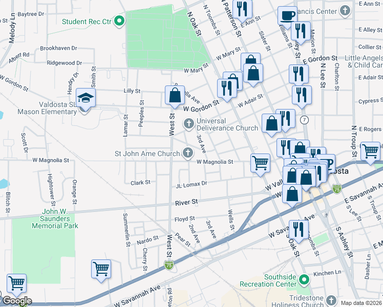 map of restaurants, bars, coffee shops, grocery stores, and more near 609 2nd Avenue in Valdosta