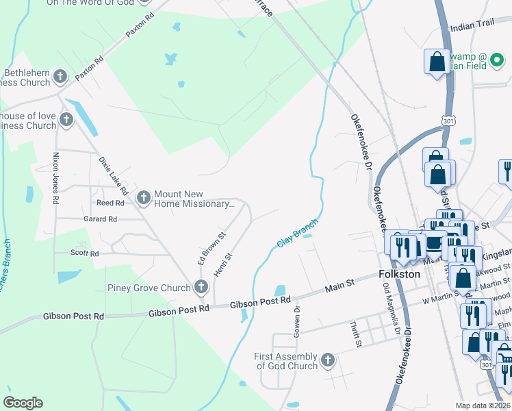 map of restaurants, bars, coffee shops, grocery stores, and more near 344 Henri Street in Folkston