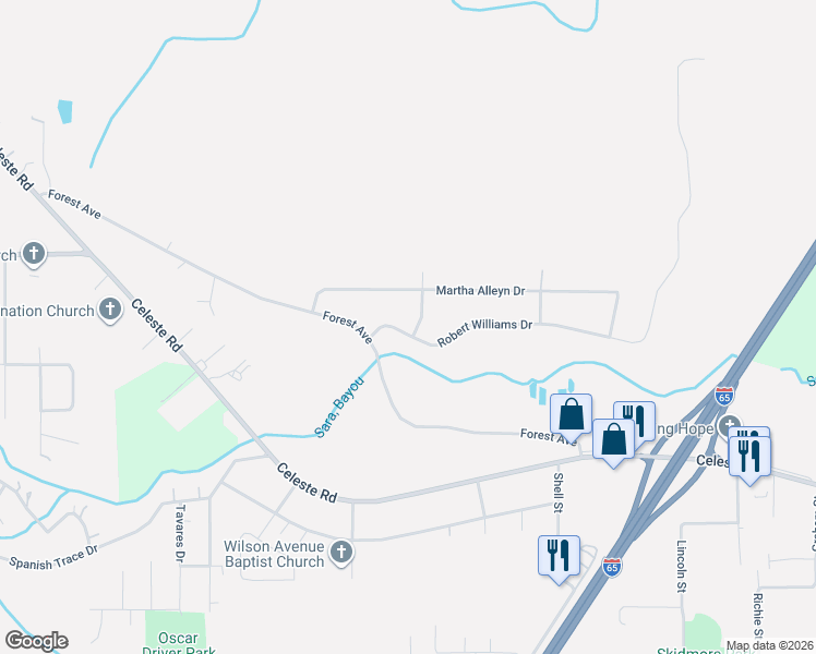 map of restaurants, bars, coffee shops, grocery stores, and more near 501-599 Harriet Street in Saraland