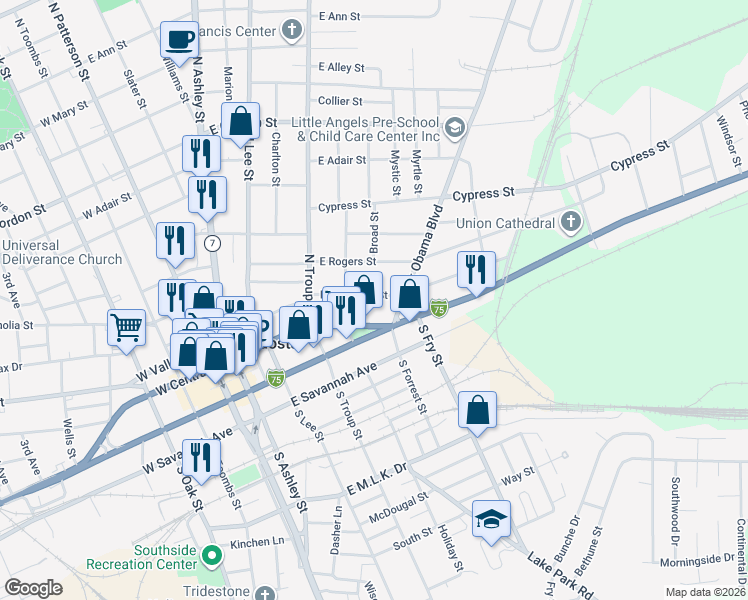 map of restaurants, bars, coffee shops, grocery stores, and more near 512 E Central Ave in Valdosta