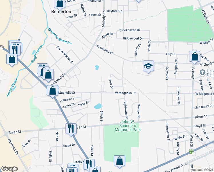 map of restaurants, bars, coffee shops, grocery stores, and more near 1342 West Magnolia Street in Valdosta