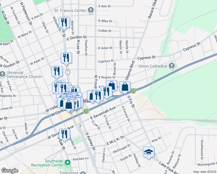 map of restaurants, bars, coffee shops, grocery stores, and more near 204 Jones St in Valdosta