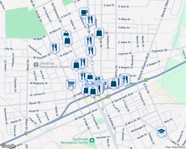 map of restaurants, bars, coffee shops, grocery stores, and more near 112 East Rogers Street in Valdosta