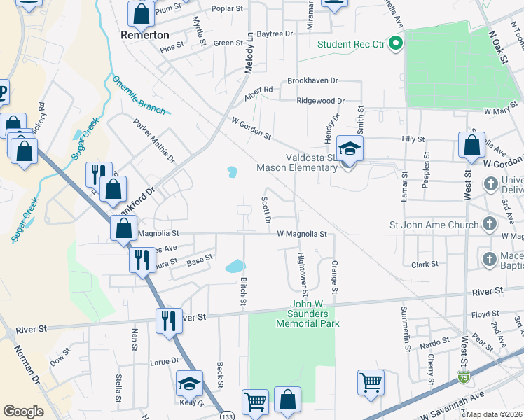 map of restaurants, bars, coffee shops, grocery stores, and more near 620 Scott Drive in Valdosta