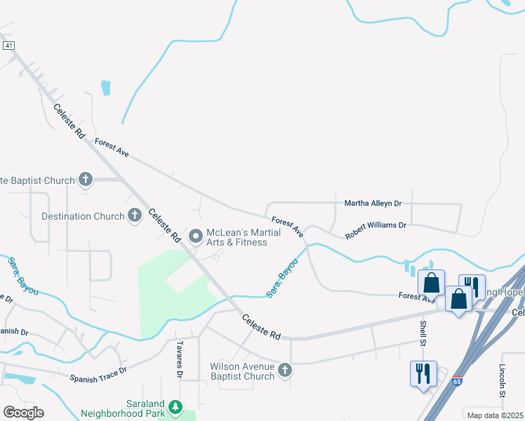 map of restaurants, bars, coffee shops, grocery stores, and more near 1314 Forest Avenue in Saraland