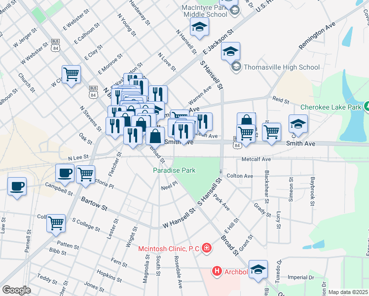 map of restaurants, bars, coffee shops, grocery stores, and more near 316 Smith Avenue in Thomasville