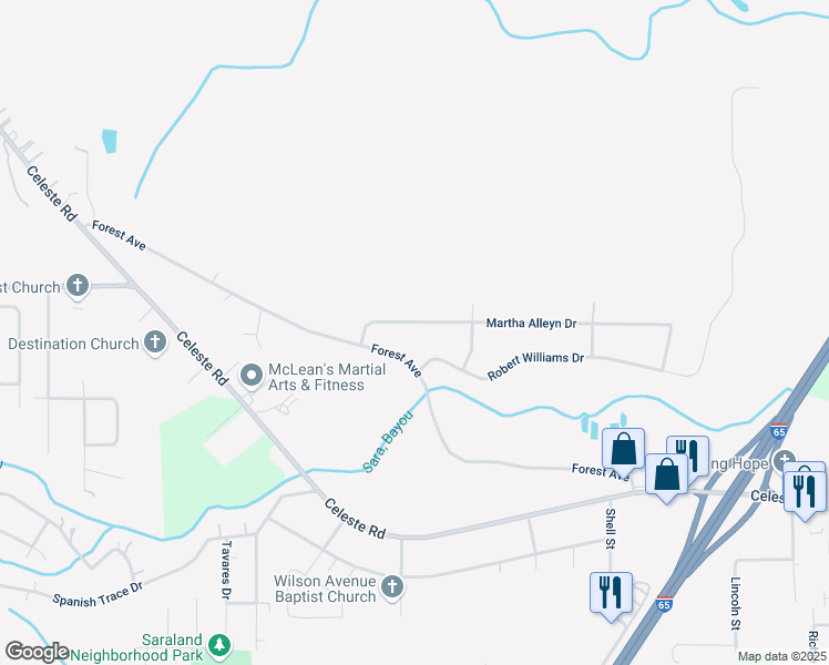 map of restaurants, bars, coffee shops, grocery stores, and more near 1220 Martha Alleyn Drive in Saraland