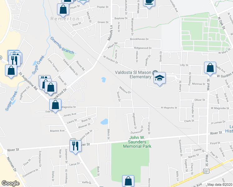 map of restaurants, bars, coffee shops, grocery stores, and more near 616 Scott Drive in Valdosta