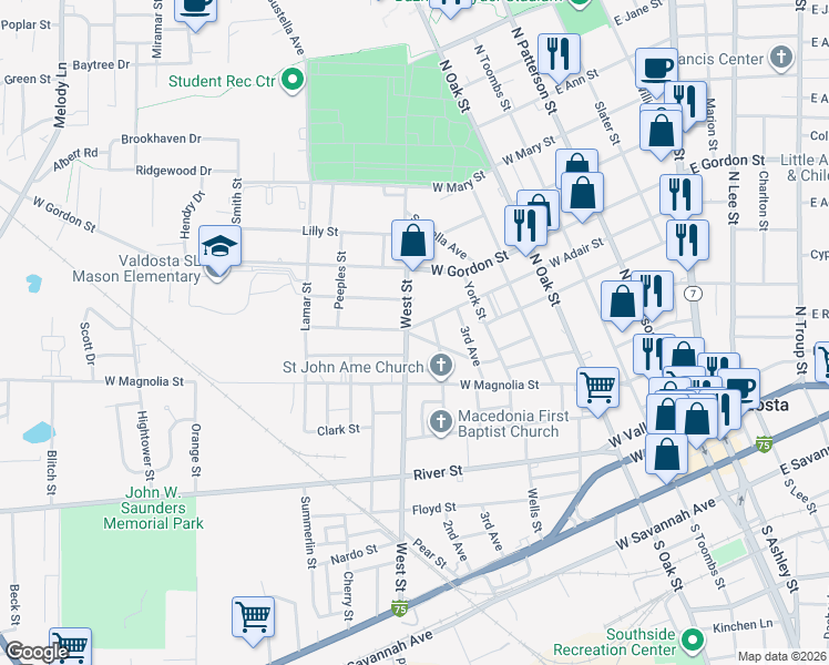 map of restaurants, bars, coffee shops, grocery stores, and more near 611 West Adair Street in Valdosta