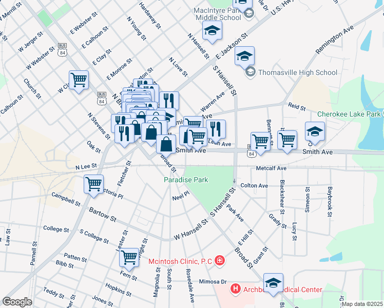 map of restaurants, bars, coffee shops, grocery stores, and more near 300 Smith Ave in Thomasville