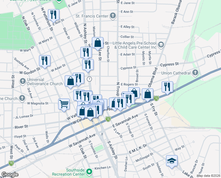 map of restaurants, bars, coffee shops, grocery stores, and more near 311 East Minnie Martin Drive in Valdosta