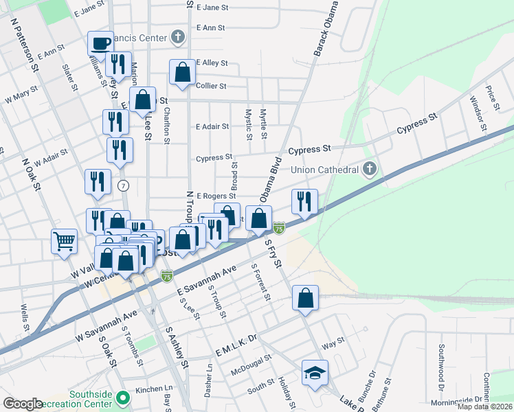 map of restaurants, bars, coffee shops, grocery stores, and more near 212-322 North Forrest Street in Valdosta