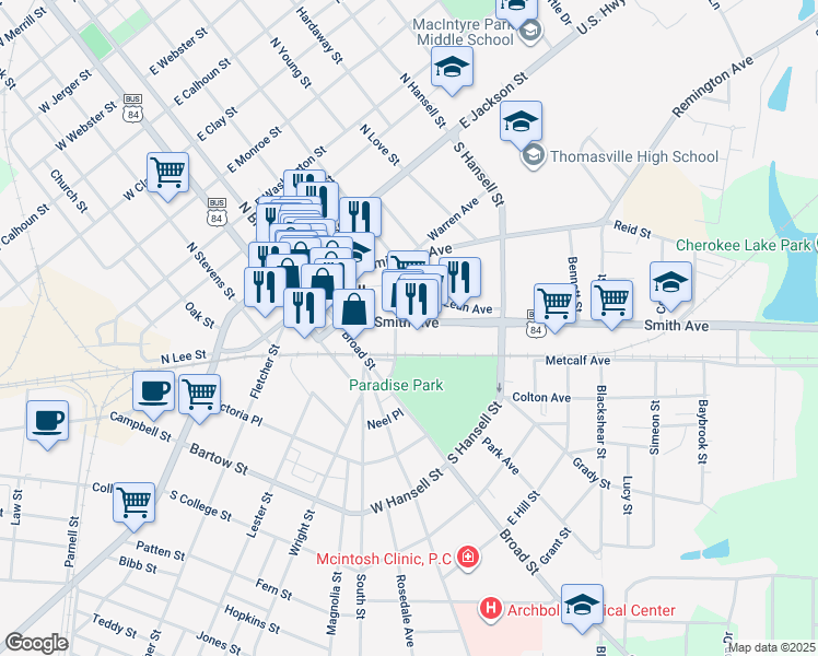map of restaurants, bars, coffee shops, grocery stores, and more near 300 Smith Ave in Thomasville