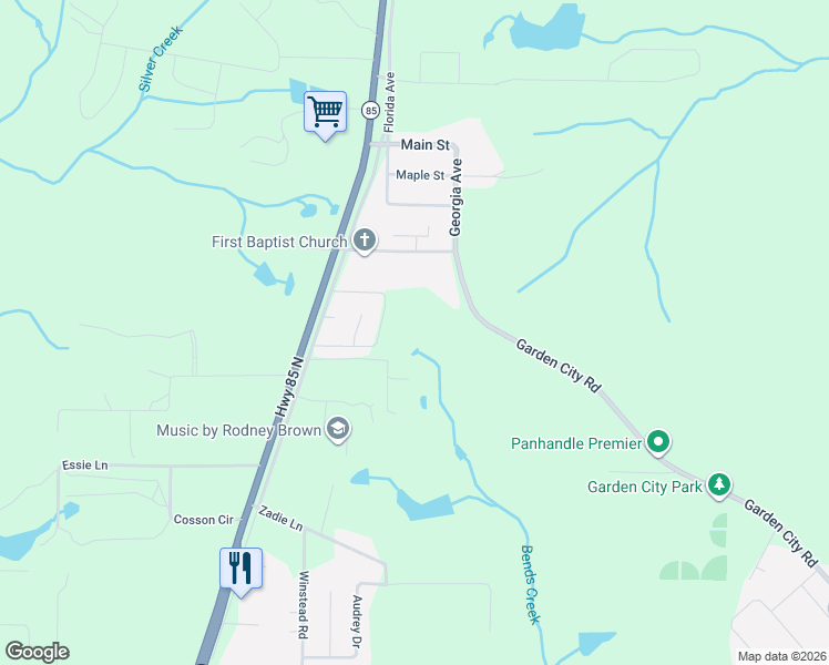 map of restaurants, bars, coffee shops, grocery stores, and more near 6475 Garden City Road in Crestview
