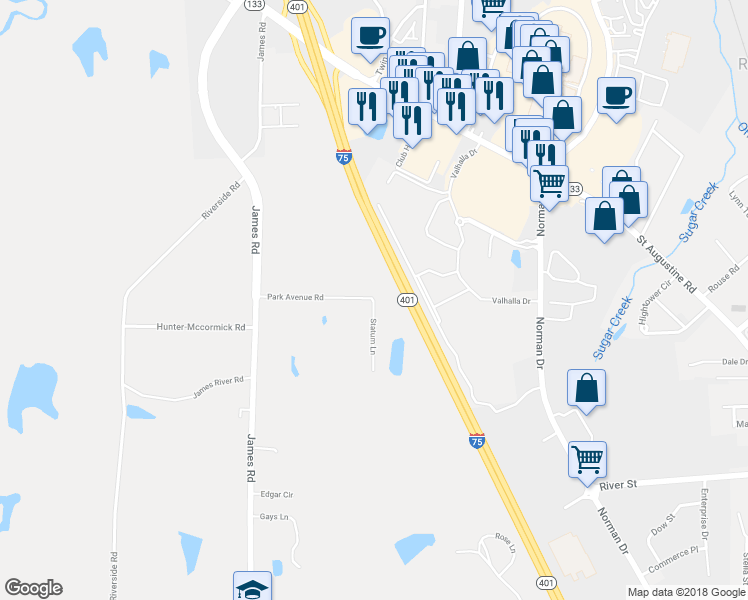 map of restaurants, bars, coffee shops, grocery stores, and more near 1606 Park Avenue Road in Valdosta