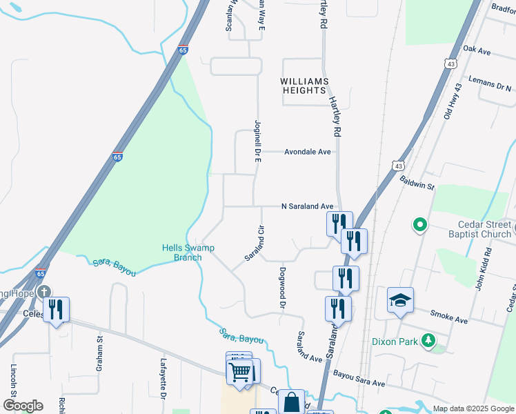 map of restaurants, bars, coffee shops, grocery stores, and more near 5158 Joginell Drive East in Satsuma