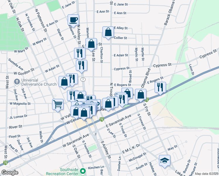 map of restaurants, bars, coffee shops, grocery stores, and more near 304 North Troup Street in Valdosta