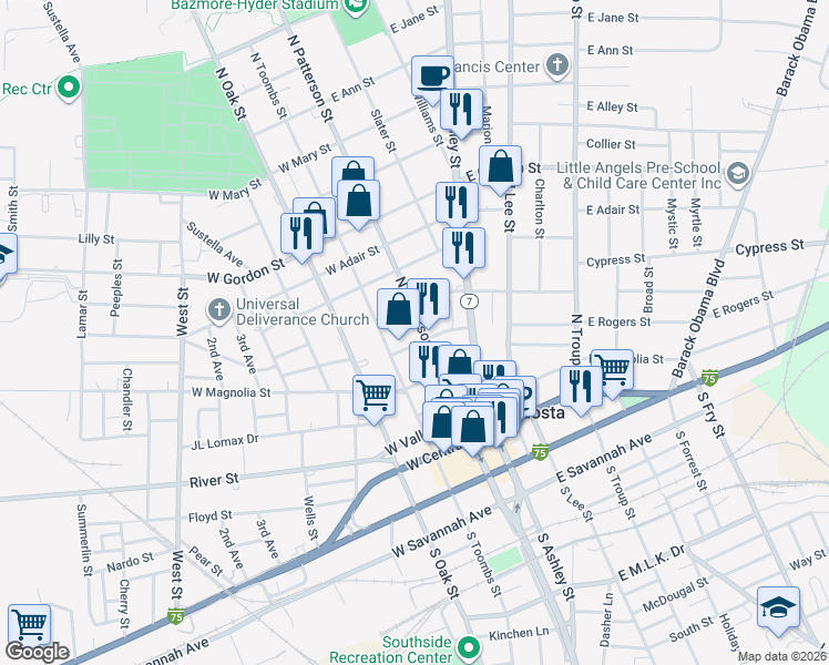 map of restaurants, bars, coffee shops, grocery stores, and more near 502 North Patterson Street in Valdosta