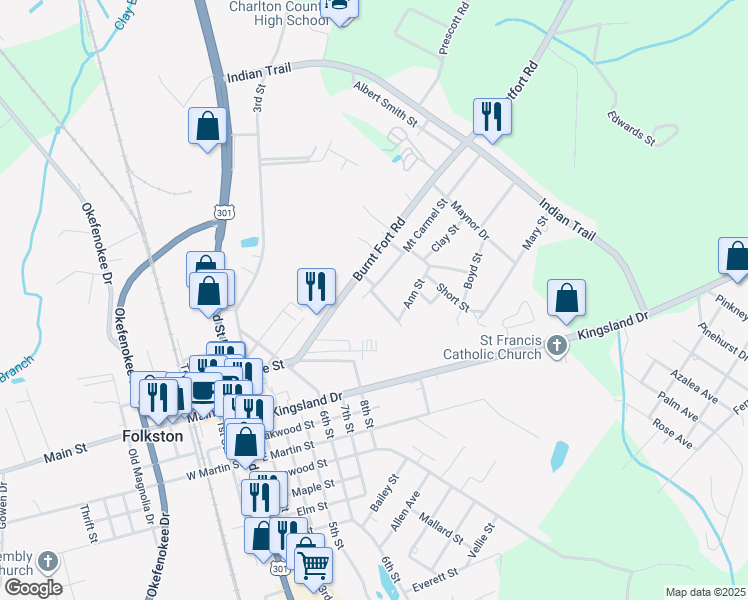 map of restaurants, bars, coffee shops, grocery stores, and more near 453 Milton Street in Folkston