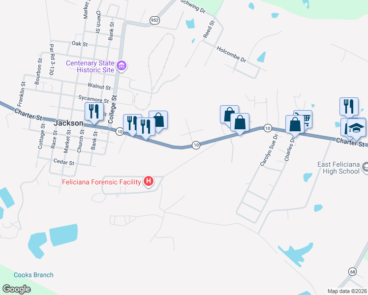 map of restaurants, bars, coffee shops, grocery stores, and more near 2256 Louisiana 10 in Jackson
