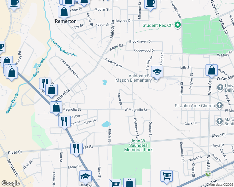 map of restaurants, bars, coffee shops, grocery stores, and more near 620 Scott Drive in Valdosta