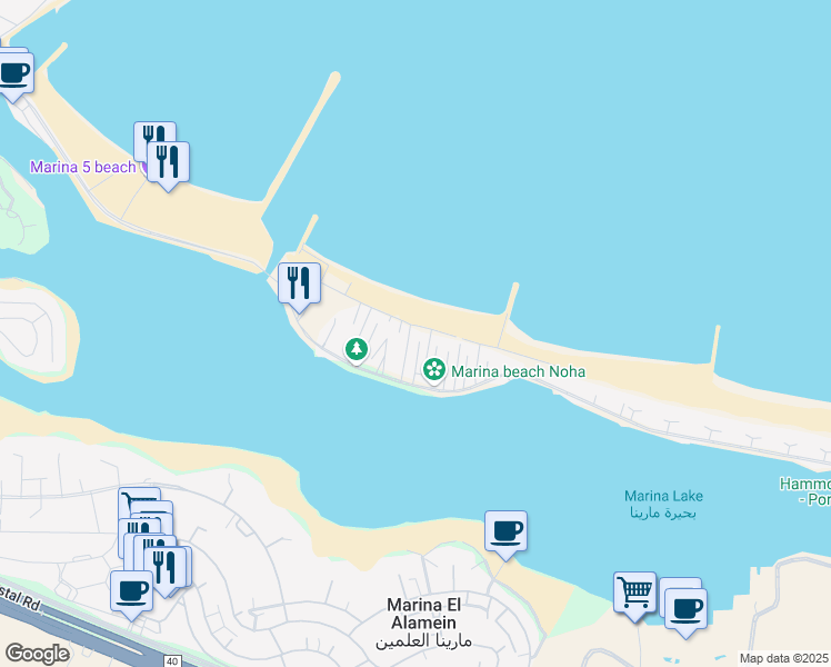 map of restaurants, bars, coffee shops, grocery stores, and more near in Marina El Alamein