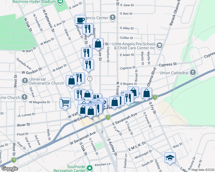 map of restaurants, bars, coffee shops, grocery stores, and more near 311 East Minnie Martin Drive in Valdosta