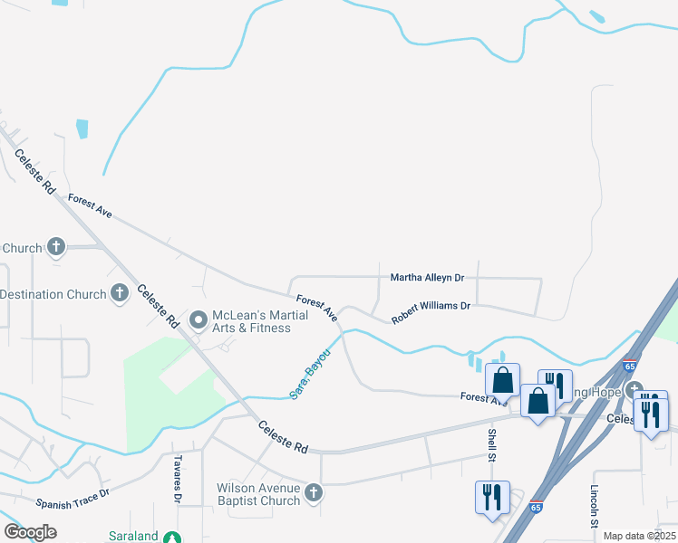 map of restaurants, bars, coffee shops, grocery stores, and more near 1220 Martha Alleyn Drive in Saraland