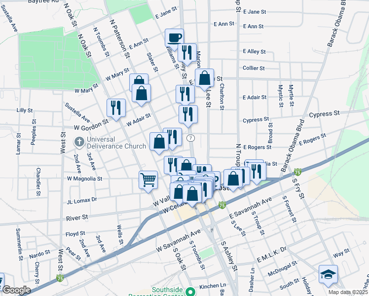 map of restaurants, bars, coffee shops, grocery stores, and more near 112 East Rogers Street in Valdosta