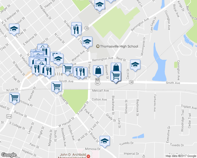 map of restaurants, bars, coffee shops, grocery stores, and more near 537 Smith Avenue in Thomasville