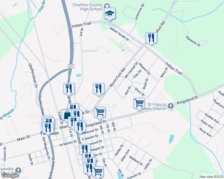 map of restaurants, bars, coffee shops, grocery stores, and more near 453 Milton Street in Folkston
