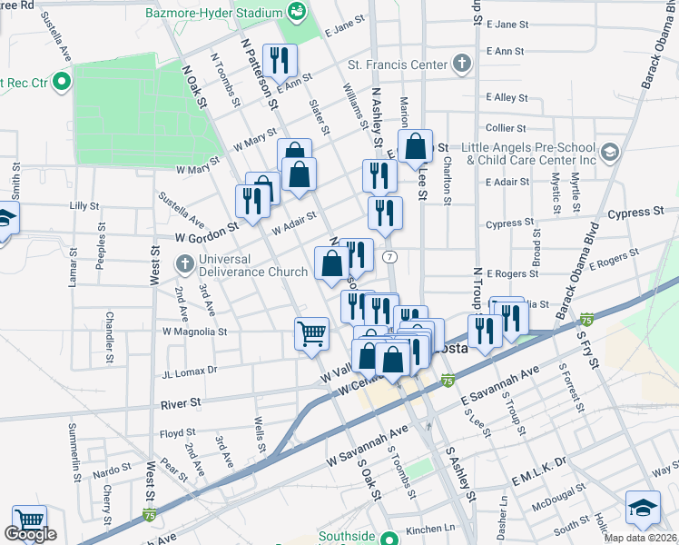 map of restaurants, bars, coffee shops, grocery stores, and more near 502 N Patterson St in Valdosta