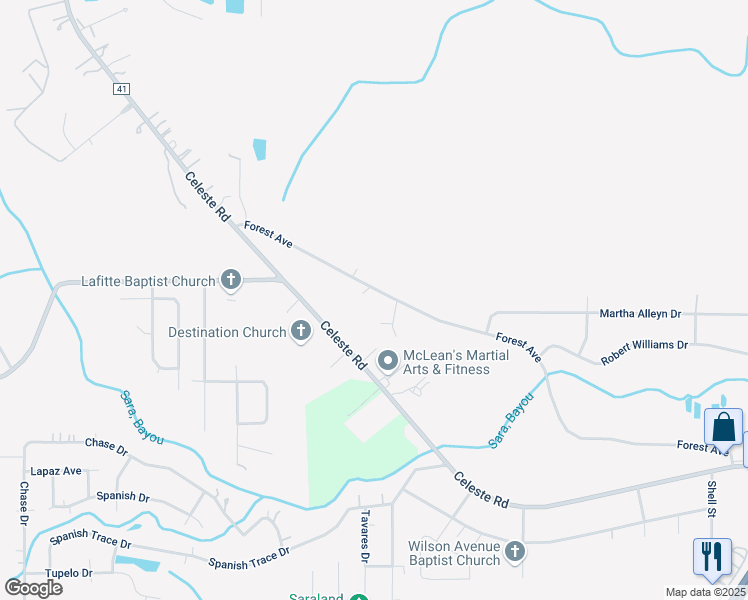 map of restaurants, bars, coffee shops, grocery stores, and more near 1551 Forest Avenue in Saraland