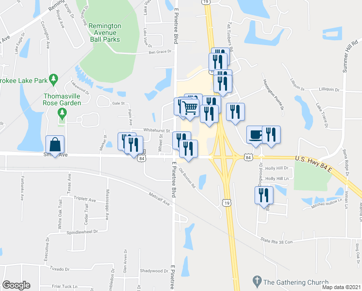 map of restaurants, bars, coffee shops, grocery stores, and more near 1510 East Pinetree Boulevard in Thomasville