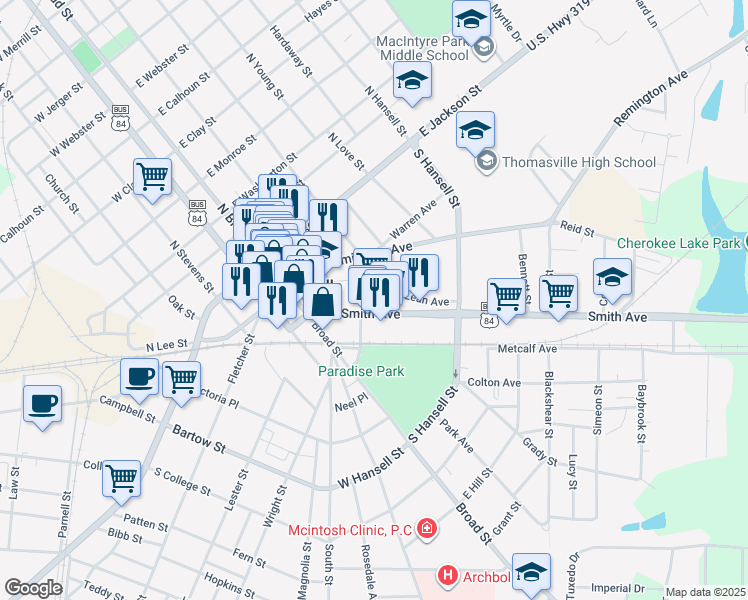 map of restaurants, bars, coffee shops, grocery stores, and more near 309 Smith Avenue in Thomasville