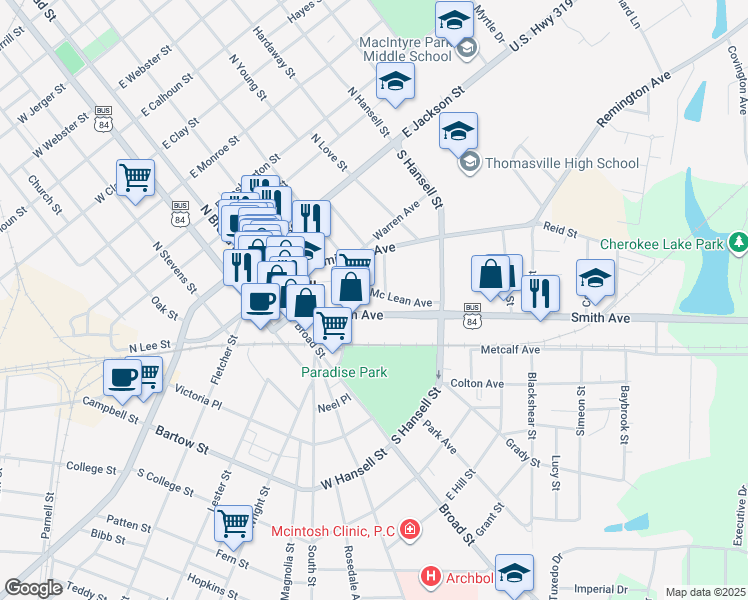 map of restaurants, bars, coffee shops, grocery stores, and more near 316-334 Smith Ave in Thomasville