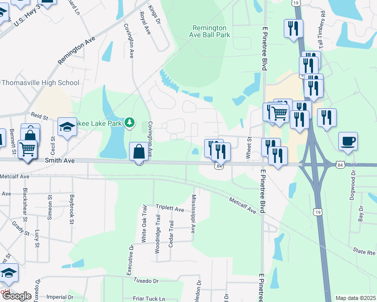 map of restaurants, bars, coffee shops, grocery stores, and more near Market Street in Thomasville