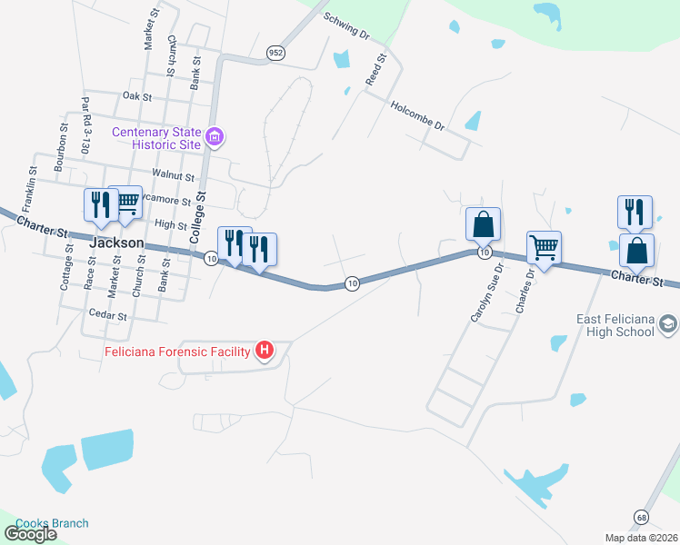 map of restaurants, bars, coffee shops, grocery stores, and more near 2256 Louisiana 10 in Jackson