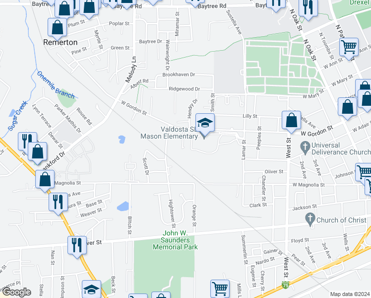 map of restaurants, bars, coffee shops, grocery stores, and more near 895 Greenwood Drive in Valdosta