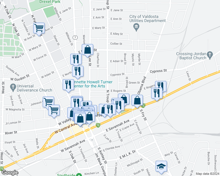 map of restaurants, bars, coffee shops, grocery stores, and more near 304 North Troup Street in Valdosta
