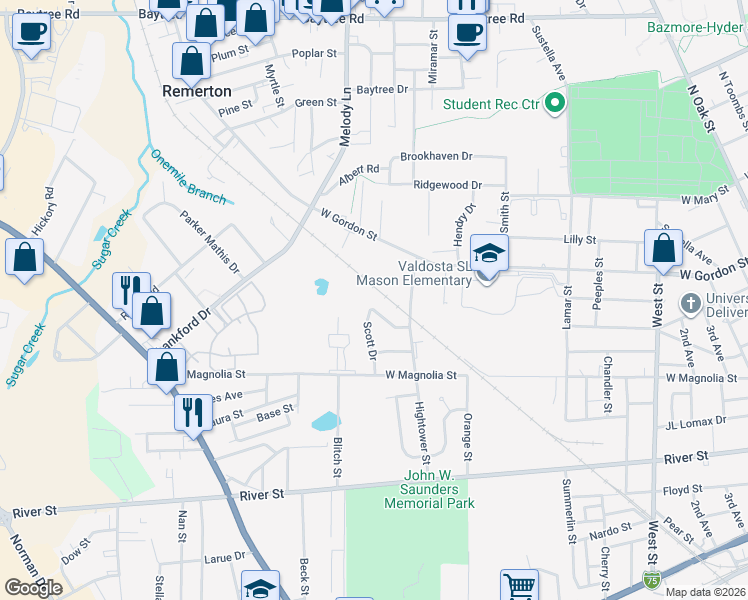 map of restaurants, bars, coffee shops, grocery stores, and more near 1214 Melissa Drive in Valdosta