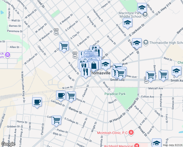 map of restaurants, bars, coffee shops, grocery stores, and more near 105 South Madison Street in Thomasville