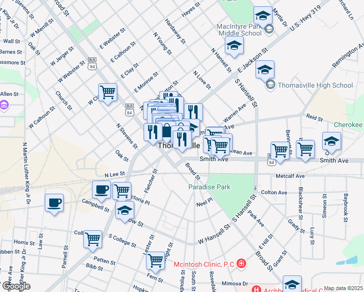 map of restaurants, bars, coffee shops, grocery stores, and more near in Thomasville