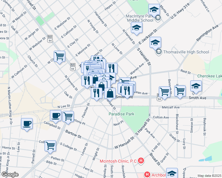 map of restaurants, bars, coffee shops, grocery stores, and more near 210 South Crawford Street in Thomasville