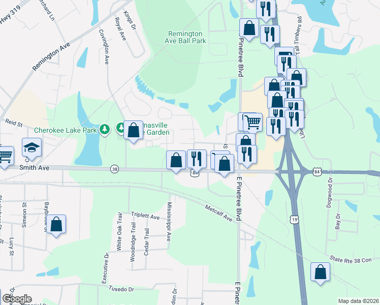 map of restaurants, bars, coffee shops, grocery stores, and more near 205 Palm Drive in Thomasville