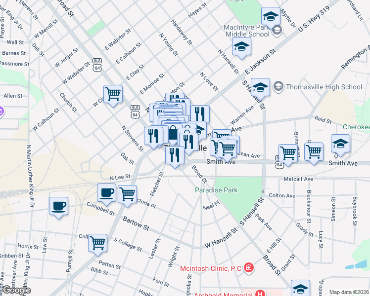 map of restaurants, bars, coffee shops, grocery stores, and more near in Thomasville
