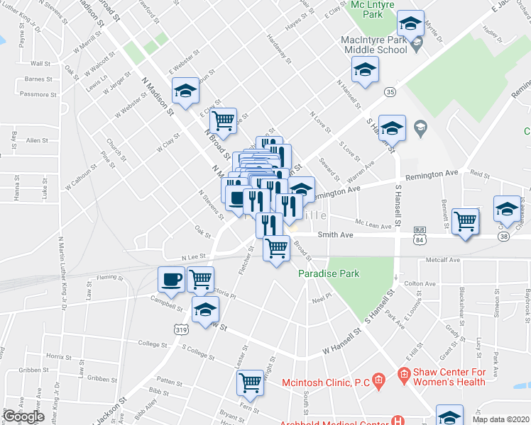 map of restaurants, bars, coffee shops, grocery stores, and more near 118 South Broad Street in Thomasville
