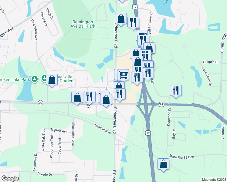 map of restaurants, bars, coffee shops, grocery stores, and more near 1521 East Pinetree Boulevard in Thomasville