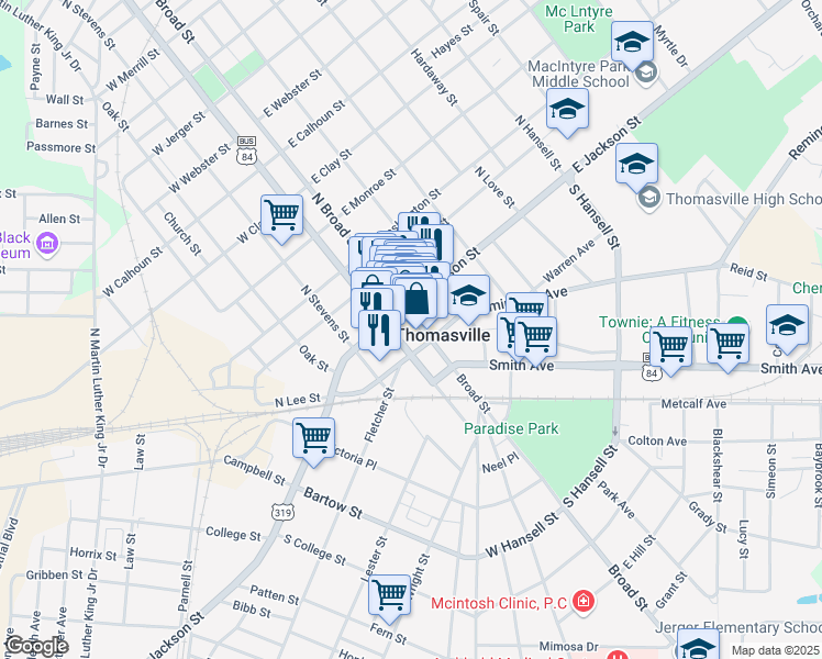 map of restaurants, bars, coffee shops, grocery stores, and more near 105 South Madison Street in Thomasville