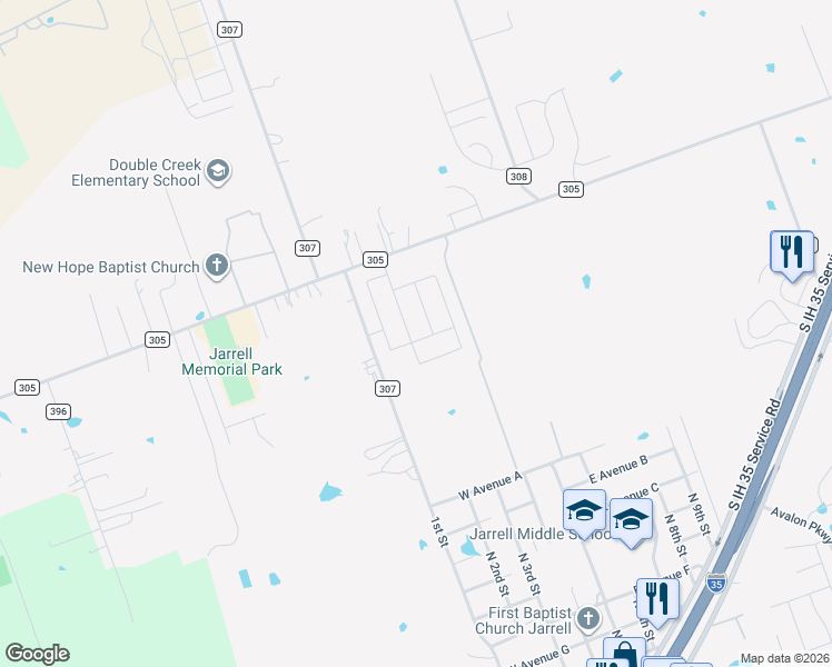 map of restaurants, bars, coffee shops, grocery stores, and more near 307 Circle Way in Jarrell